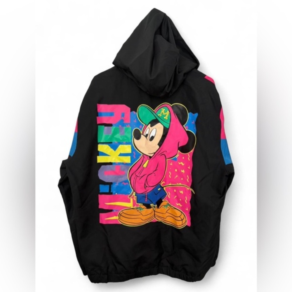Vintage 90's Disney‎ Mickey Mouse Neon Hooded Windbreaker Large Pockets Unisex